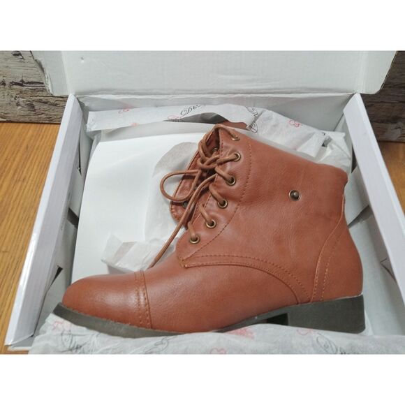 Women's Ankle Lace Up Combat Boots Bootie Two Way Fold Down Low Heels Cognac 6.5 - Picture 7 of 9